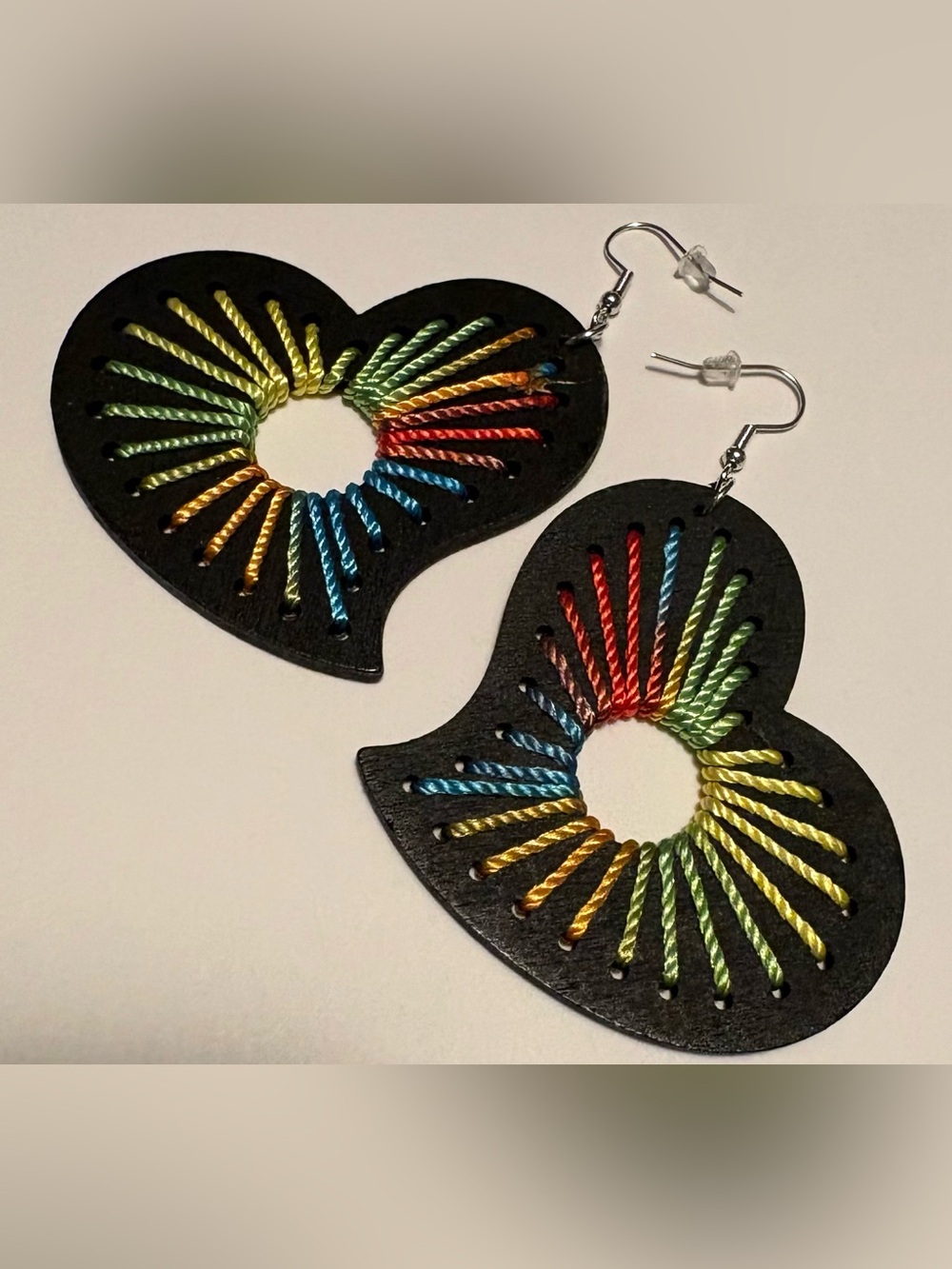 Handcrafted Black Heart Earrings with Rainbow Thread
